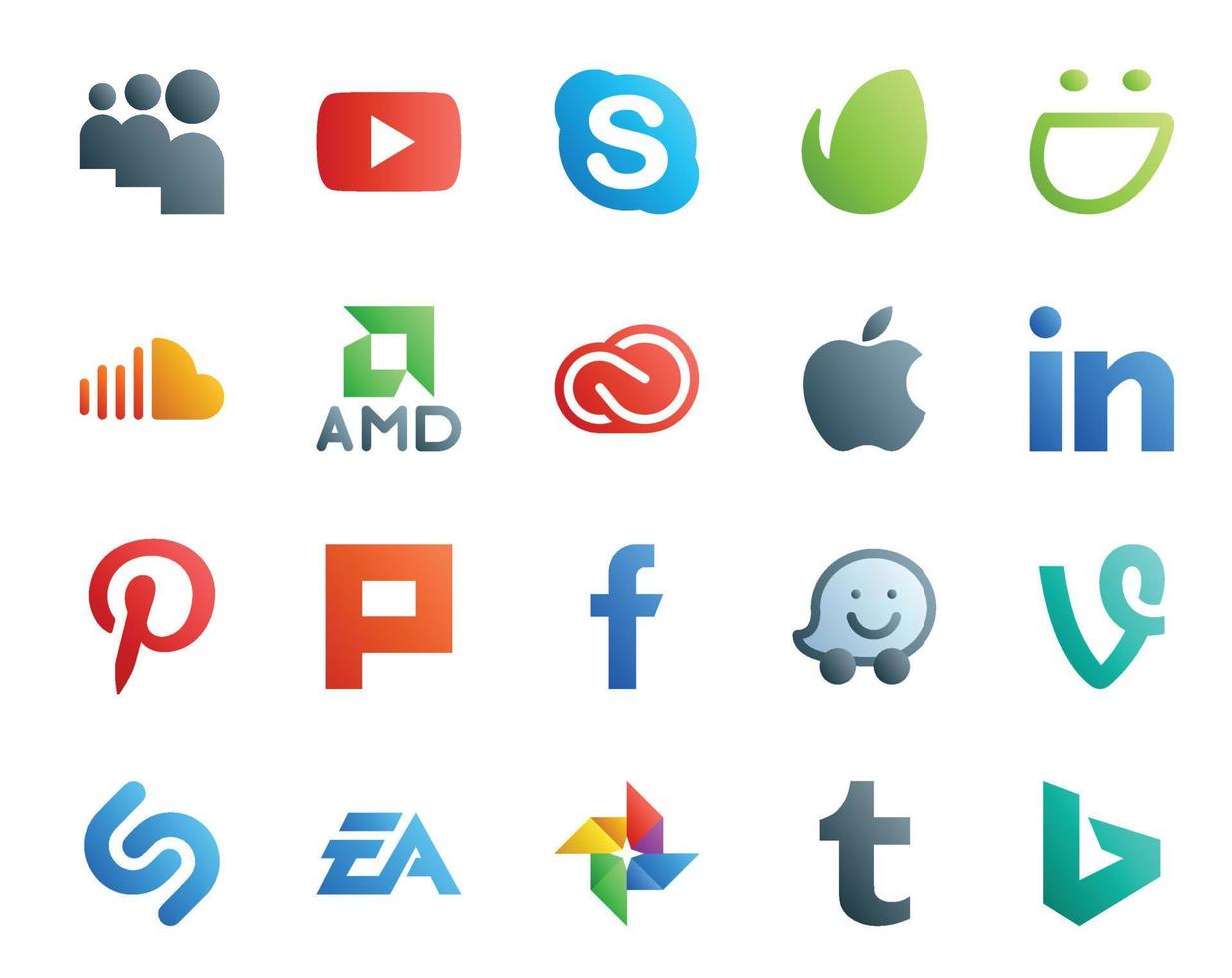 pack de 20 icônes de médias sociaux, y compris plurk linkedin sound apple cc vecteur