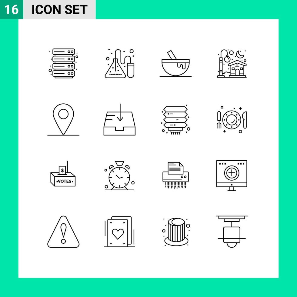 16 ensemble de contours d'interface utilisateur de signes et symboles modernes de l'emplacement du courrier bol lune maison éléments de conception vectoriels modifiables vecteur