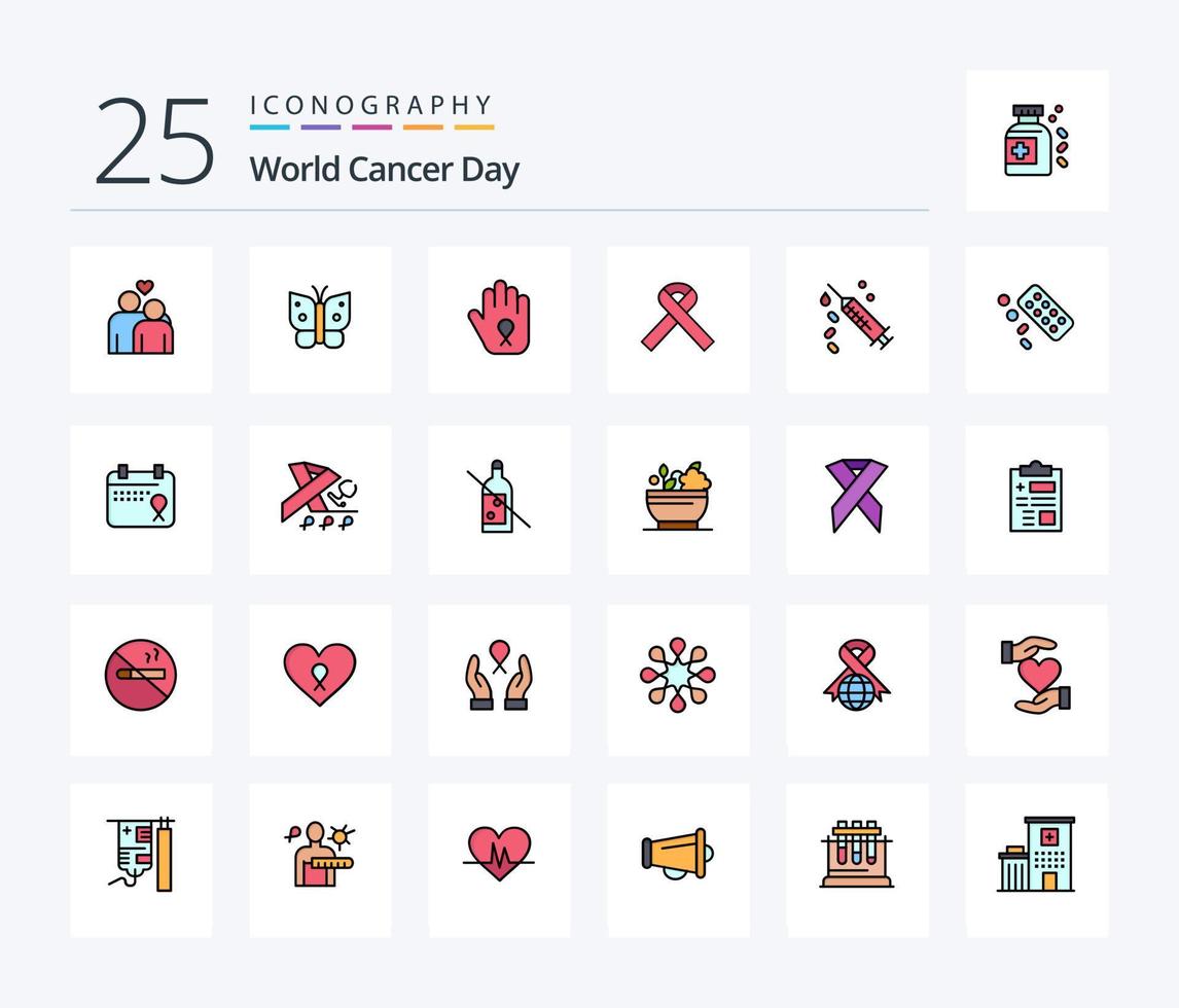 pack d'icônes remplies de 25 lignes de la journée mondiale du cancer, y compris la sensibilisation. main. liberté. arrêter. un cancer vecteur