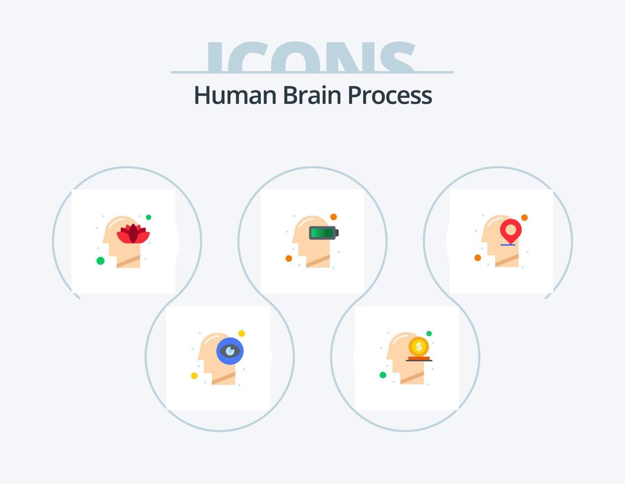 processus du cerveau humain pack d'icônes plates 5 conception d'icônes. mental. épuisement. de l'argent. la batterie. lotus vecteur