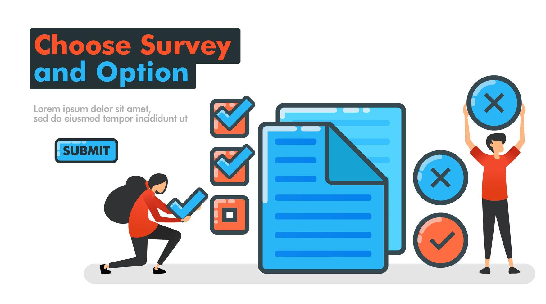 Choisissez l'illustration vectorielle de l'enquête et de l'option ligne. faire des choix d'enquêtes et d'examens en vérifiant ou en croisant des documents. vérifier et faire des choix oui ou non. pour les pages de destination de l'application mobile du site Web ui vecteur