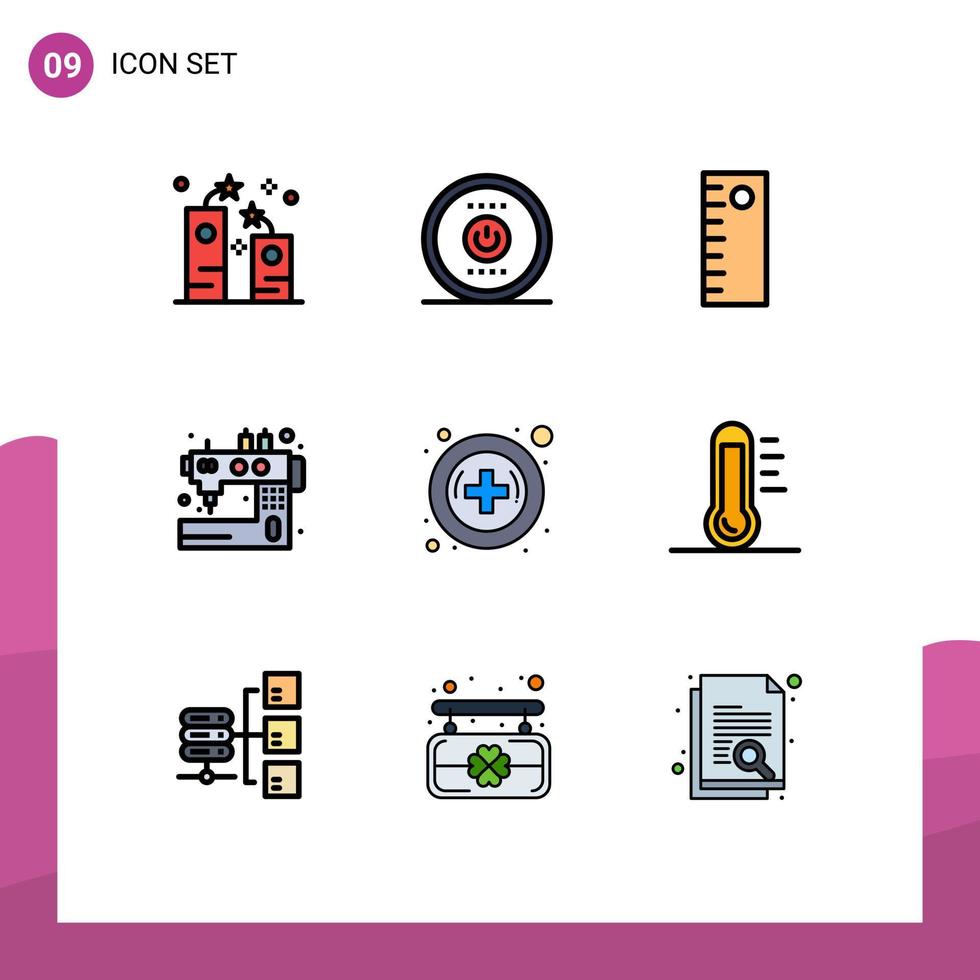 9 symboles universels de couleur plate de ligne remplie symboles d'éléments de conception vectorielle modifiables de machine à coudre de puissance de couture médicale vecteur