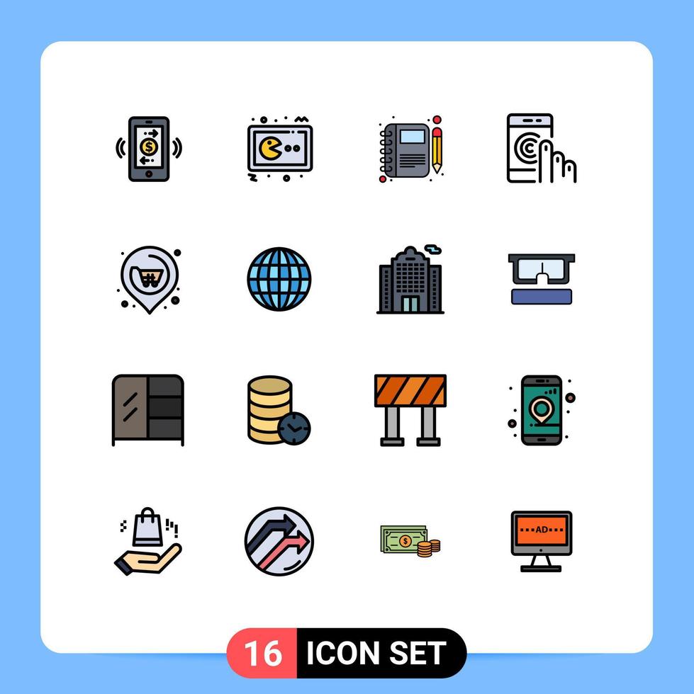 groupe de 16 signes et symboles de lignes remplies de couleurs plates pour console de contact smartphone cliquez sur bloc-notes éléments de conception vectoriels créatifs modifiables vecteur