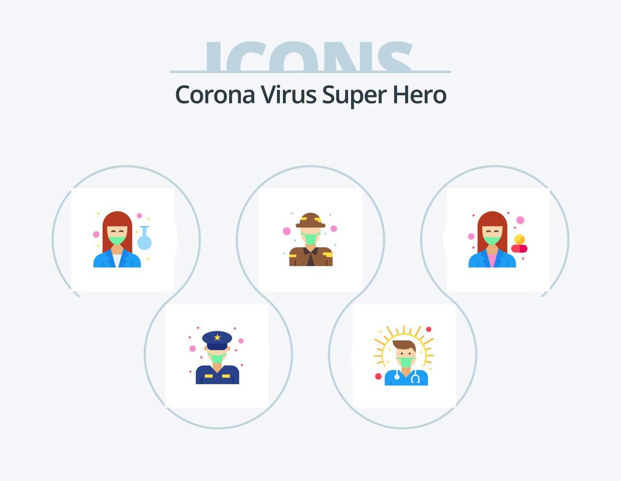 virus corona super héros plat icône pack 5 conception d'icônes. avatar. militaire. femelle. la défense. Masculin vecteur