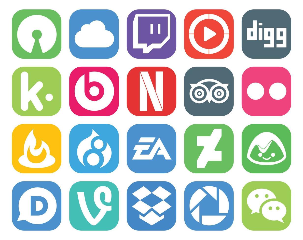 pack de 20 icônes de médias sociaux, y compris deviantart ea netflix electronics arts feedburner vecteur