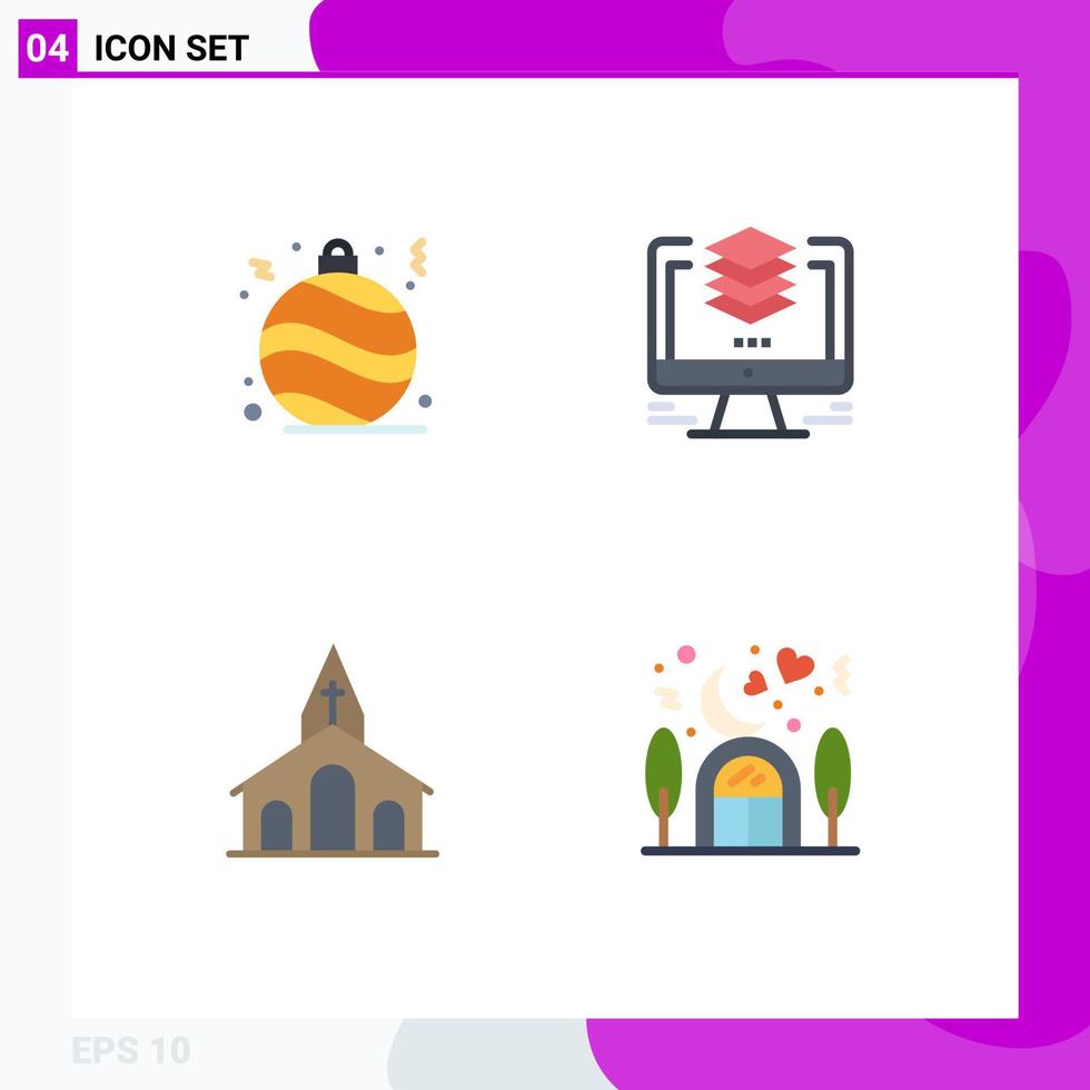 4 icônes plates universelles définies pour les applications web et mobiles couches de célébration de balle ordinateur croix éléments de conception vectoriels modifiables vecteur