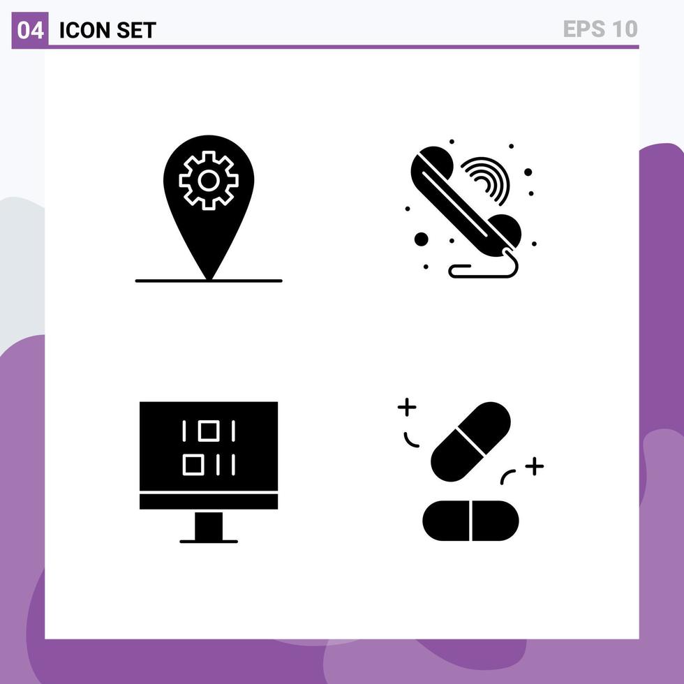 ensemble de pictogrammes de 4 glyphes solides simples d'appel de synchronisation d'engrenage pilules wifi éléments de conception vectoriels modifiables vecteur