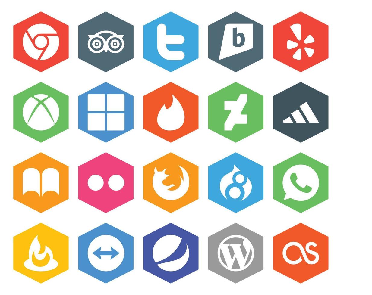 pack de 20 icônes de médias sociaux, y compris le navigateur whatsapp microsoft firefox ibooks vecteur