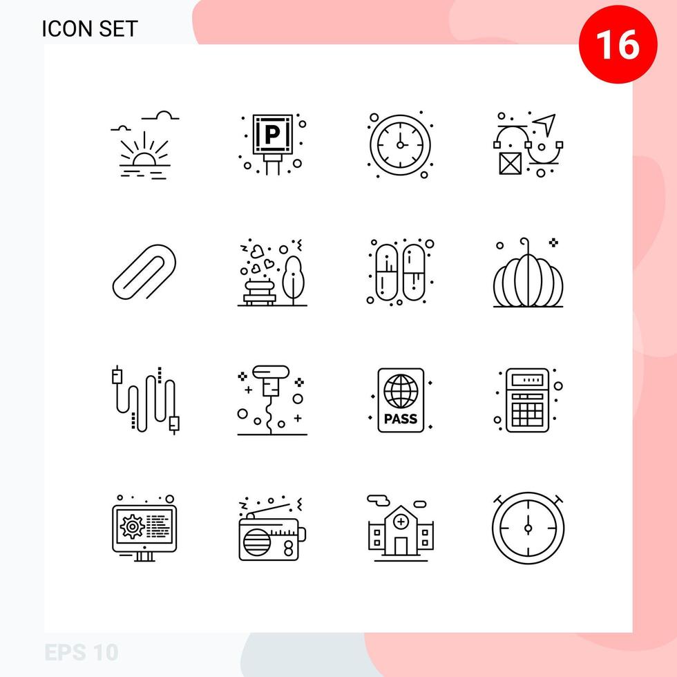 16 contours universels définis pour les applications web et mobiles épingle clip d'horloge en métal créativité éléments de conception vectoriels modifiables vecteur