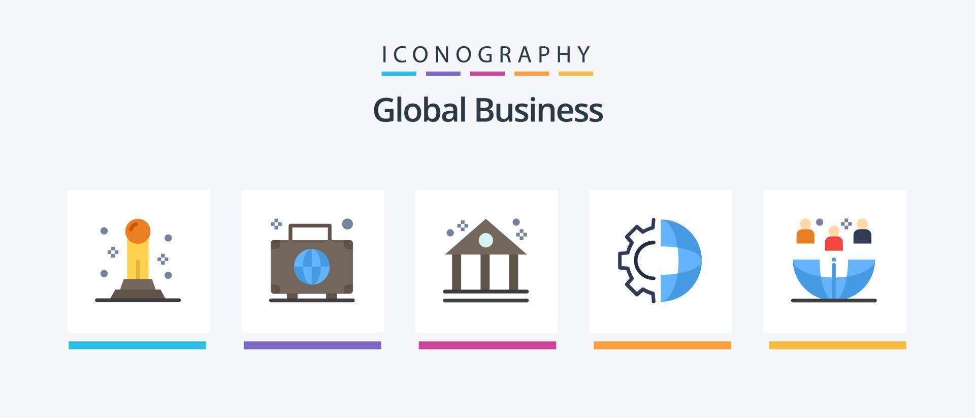 pack d'icônes global business flat 5, y compris global. production. banque. En traitement. équipement. conception d'icônes créatives vecteur