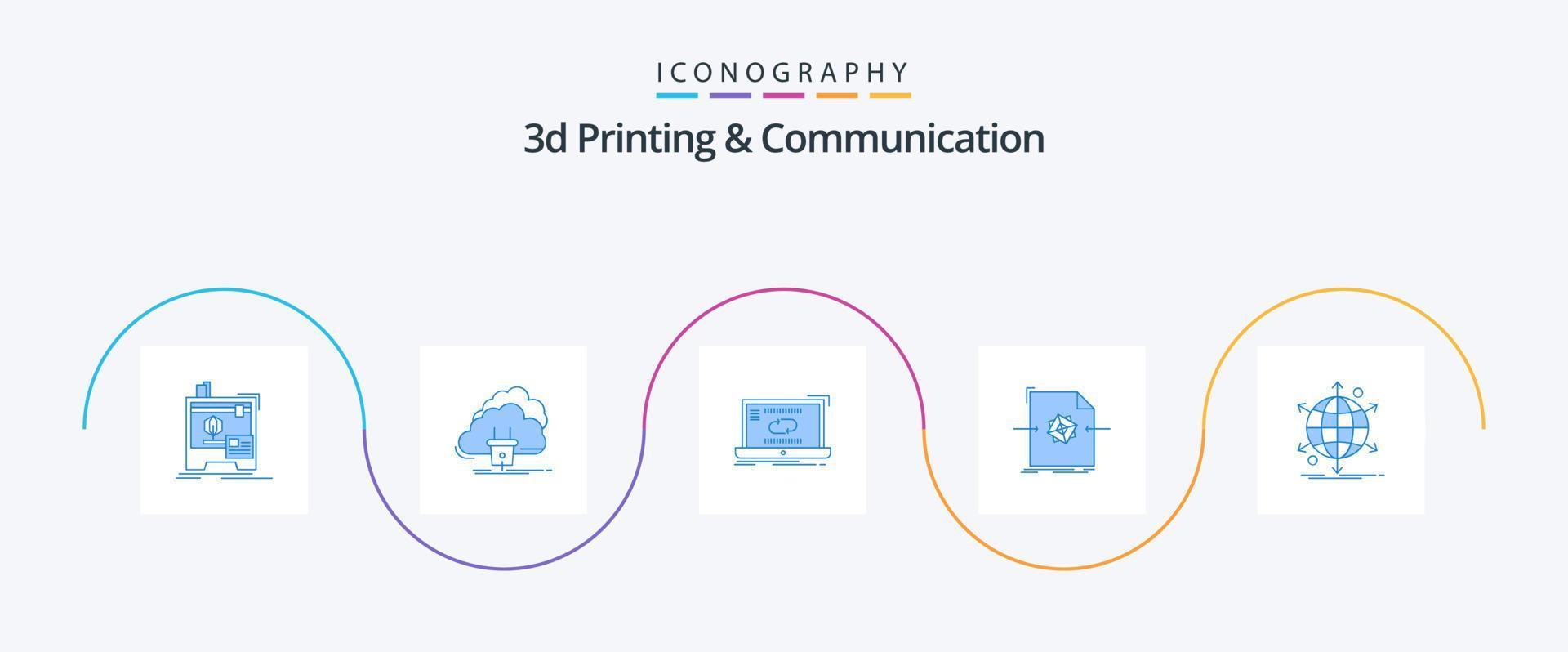 pack d'icônes bleues d'impression et de communication 3d 5, y compris le fichier. 3d. réseau. synchronisation. lien vecteur