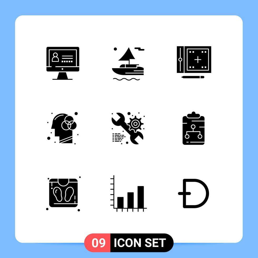 9 concept de glyphe solide pour les sites web mobiles et applications développement de services web couleur esprit humain éléments de conception vectoriels modifiables vecteur