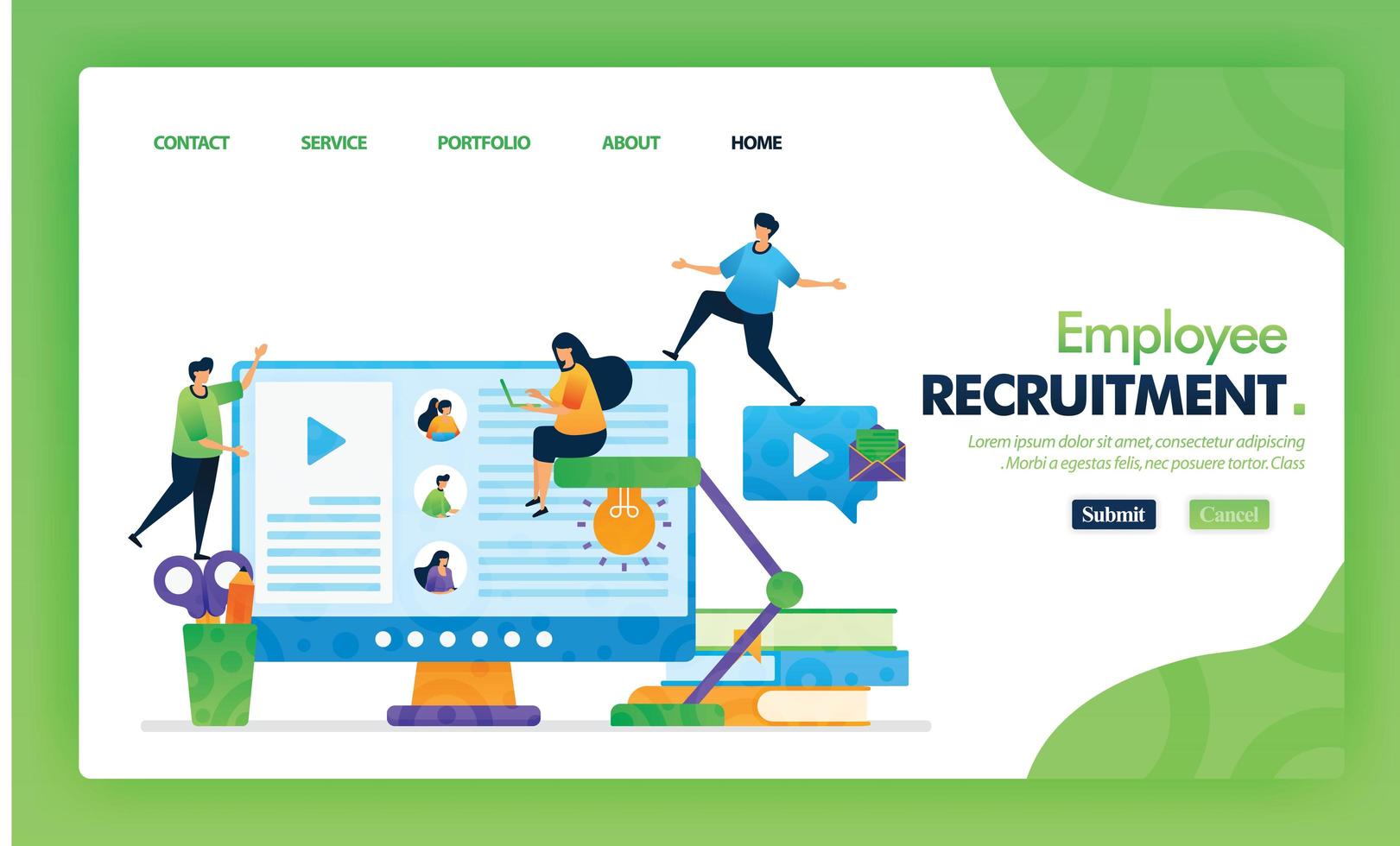 concept de vecteur vert de page de destination de recrutement des employés avec personnage et icône La conception de la page d'accueil peut être utilisée pour la page de destination, le Web, l'interface utilisateur des applications mobiles, l'affiche, le dépliant, le marketing, la promotion.