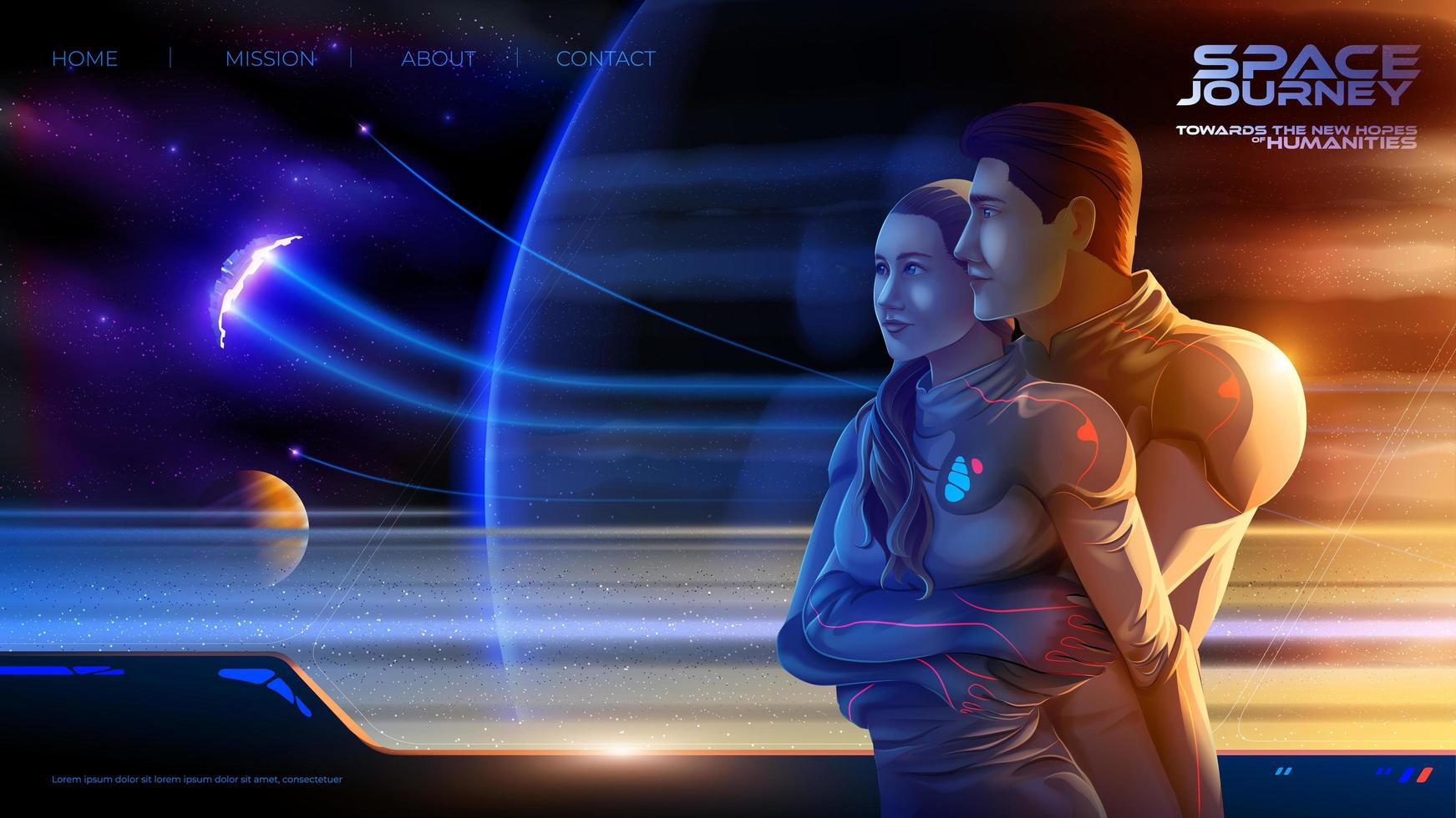 embrassant un couple à l'intérieur du vaisseau spatial de la colonie lors du long voyage vers le nouveau monde vecteur