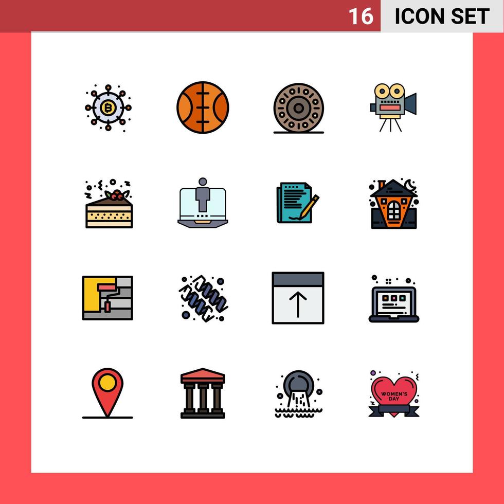 interface mobile ligne remplie de couleurs plates ensemble de 16 pictogrammes de fête d'ordinateur portable manger nuit filam éléments de conception vectoriels créatifs modifiables vecteur