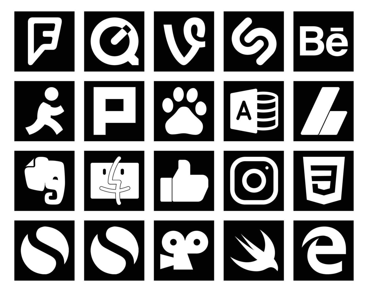 pack de 20 icônes de médias sociaux, y compris viddler css microsoft access instagram finder vecteur