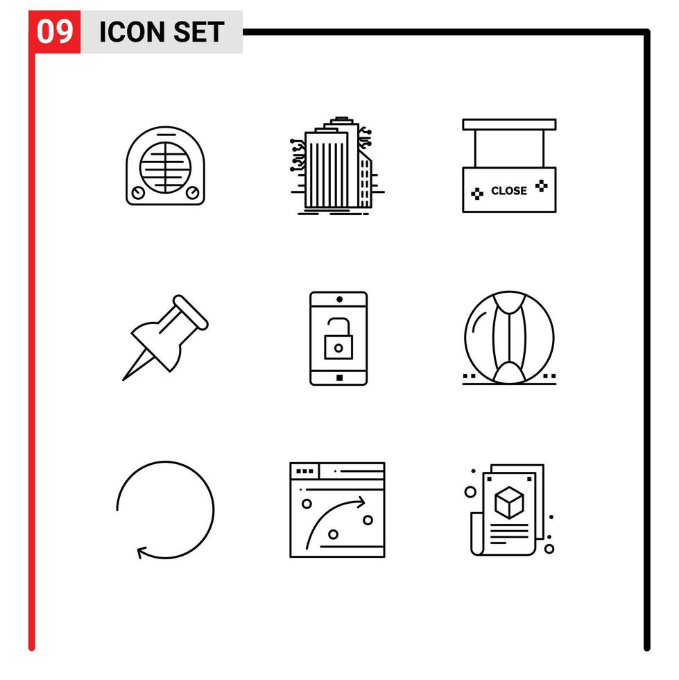 pictogramme ensemble de 9 contours simples d'application mobile application internet broche fermer salon éléments de conception vectoriels modifiables vecteur