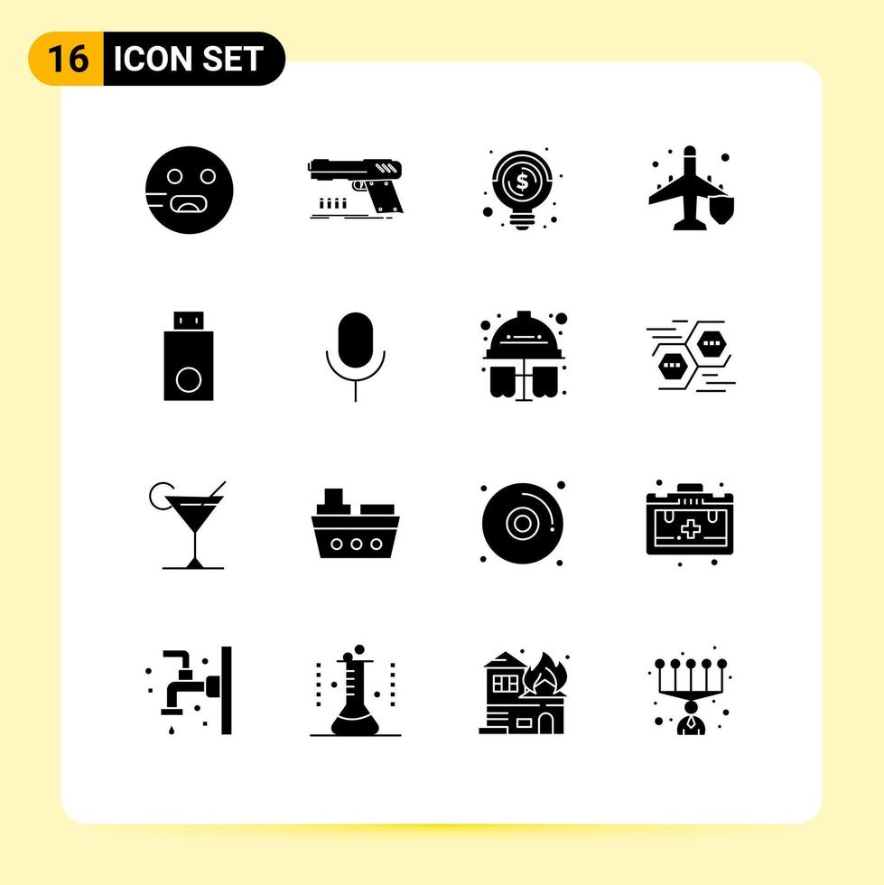 16 concept de glyphe solide pour les sites Web appareils mobiles et applications avion arme assurance argent éléments de conception vectoriels modifiables vecteur