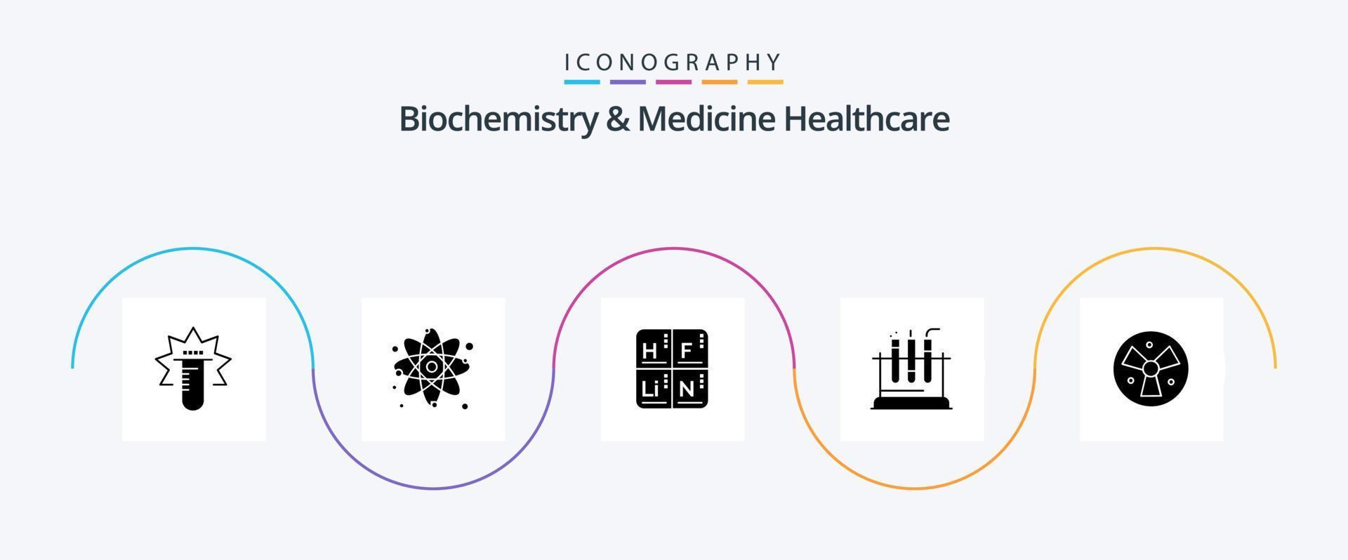 biochimie et médecine soins de santé glyphe 5 pack d'icônes, y compris l'avertissement. médical. périodique. test. tube vecteur