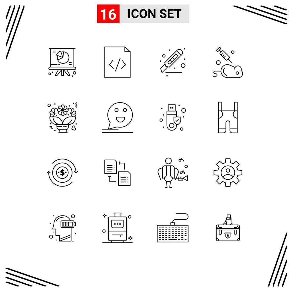 ensemble de pictogrammes de 16 contours simples d'éléments de conception vectoriels modifiables d'expérience de souris de coupeur de science florale vecteur