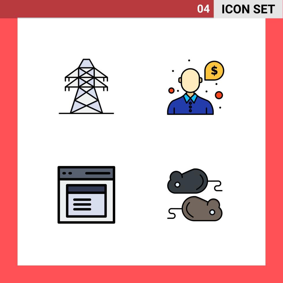 ensemble moderne de 4 pictogrammes de couleurs plates remplies d'interface électrique tour de transmission question éléments de conception vectoriels modifiables par l'utilisateur vecteur