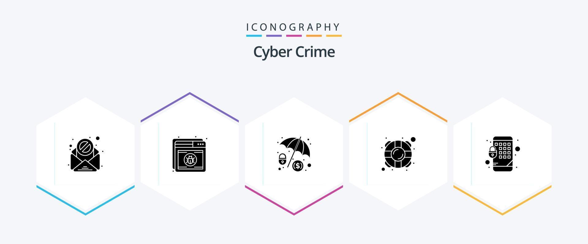 Pack d'icônes de 25 glyphes de cybercriminalité comprenant un verrou. sécurité. cybercriminalité. épargnant. aider vecteur
