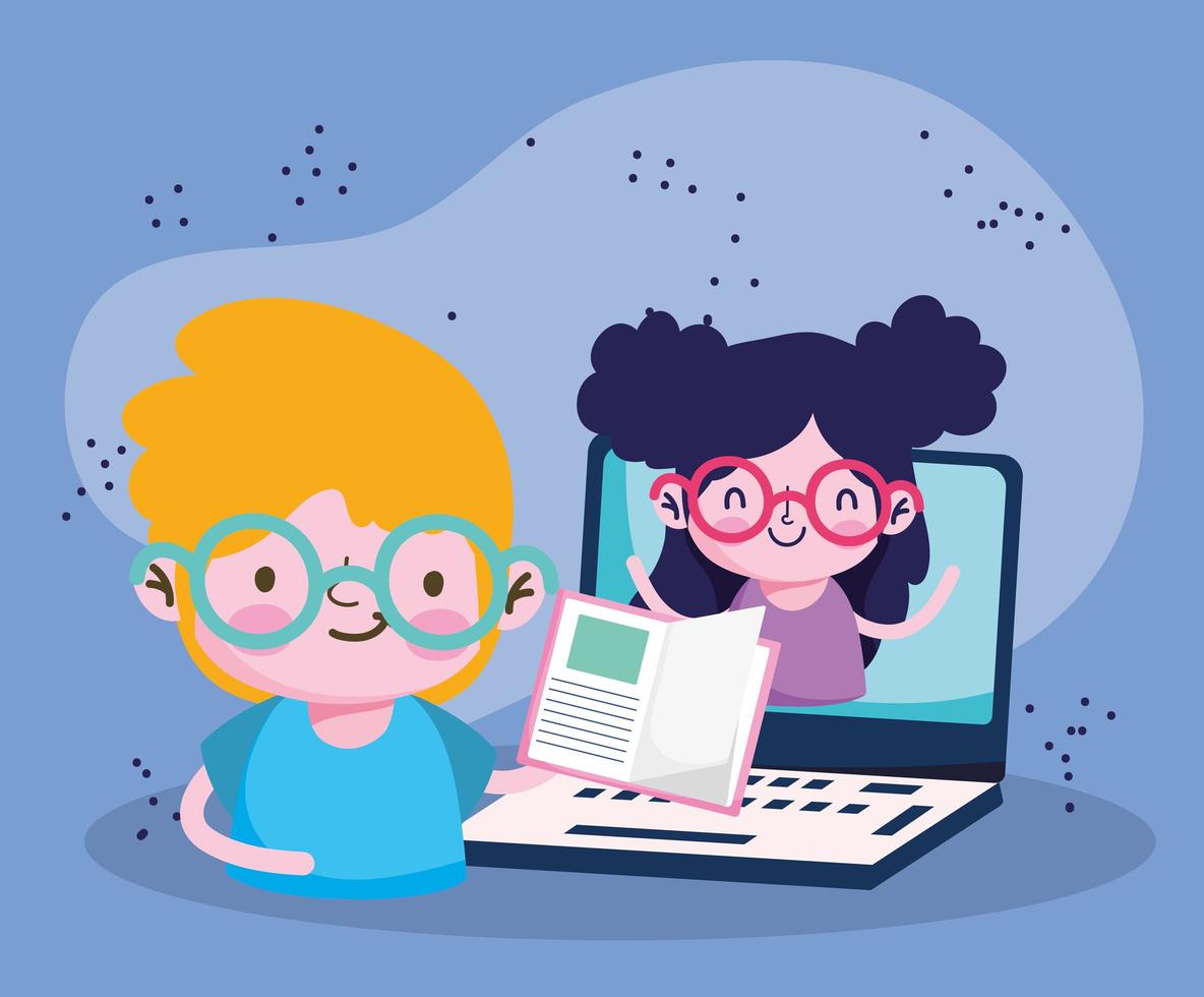 éducation en ligne, étudiant garçon et fille dans un ordinateur portable avec livre vecteur
