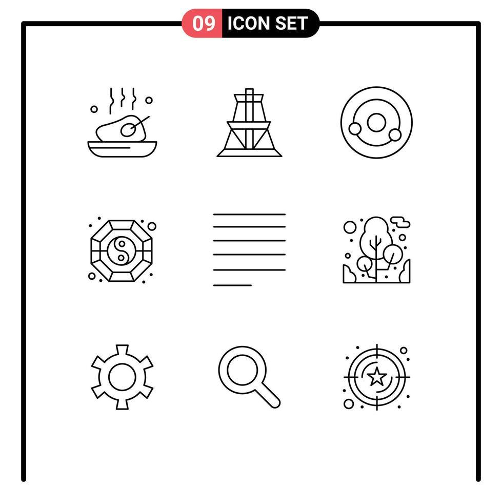 pack de 9 signes et symboles de contours modernes pour les supports d'impression Web tels que l'alignement des éléments de conception vectoriels modifiables de la molécule shui de la tour de transmission yang vecteur