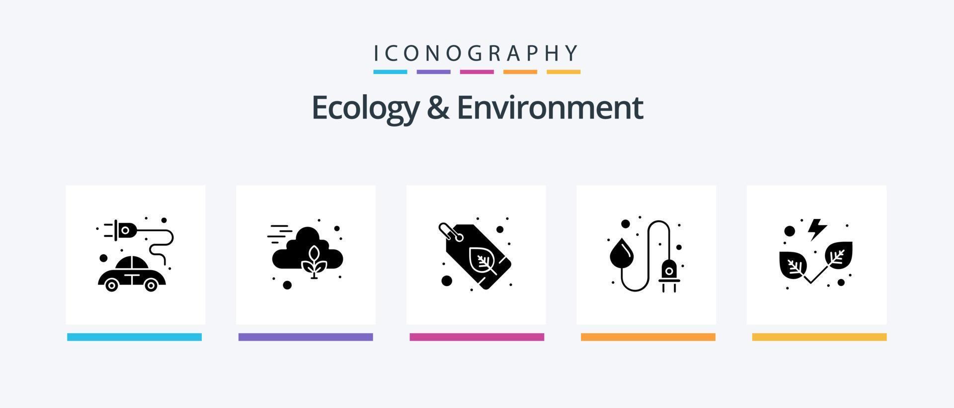 écologie et environnement glyphe 5 pack d'icônes comprenant des feuilles. l'énergie de l'eau. badge. fiche d'alimentation. industrie. conception d'icônes créatives vecteur