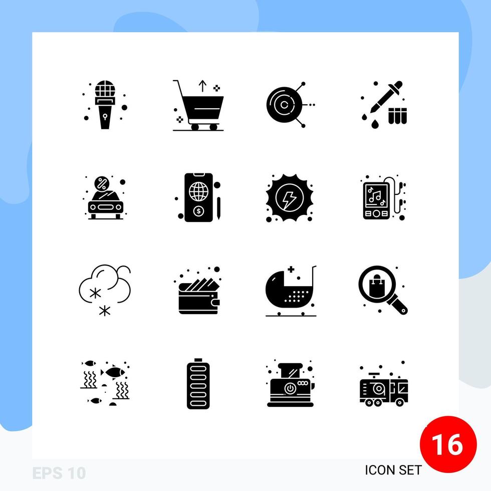 ensemble moderne de 16 glyphes et symboles solides tels que des éléments de conception vectoriels modifiables de chimie de chute d'ordinateur de voiture d'argent vecteur