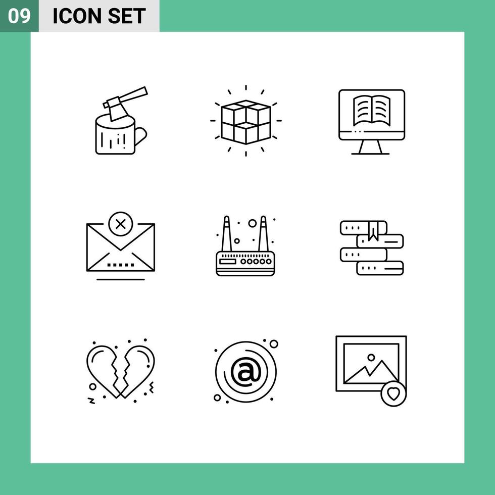 ensemble de 9 contours vectoriels sur la grille pour le cube de courrier électronique du routeur fermer le bloc éléments de conception vectoriels modifiables vecteur