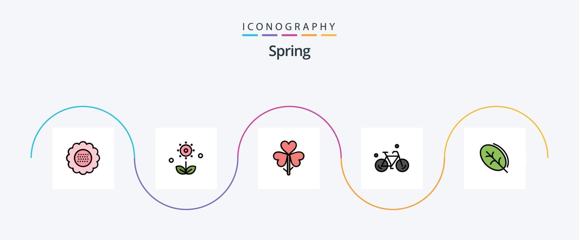 pack d'icônes plat rempli de 5 lignes de printemps, y compris le printemps. feuille. fleur. écologie. cycle vecteur