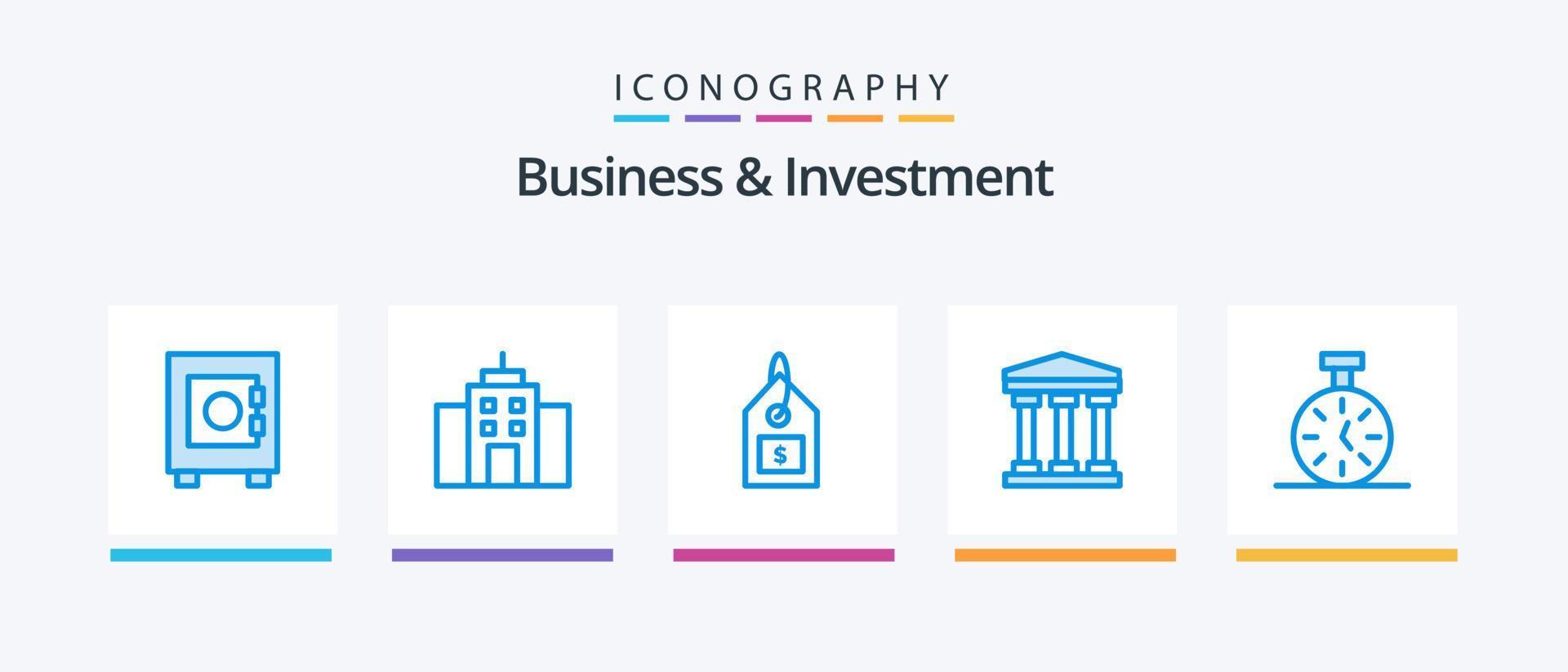 pack d'icônes bleues d'affaires et d'investissement 5, y compris le nombre. temps. dollar. chronomètre. banque. conception d'icônes créatives vecteur