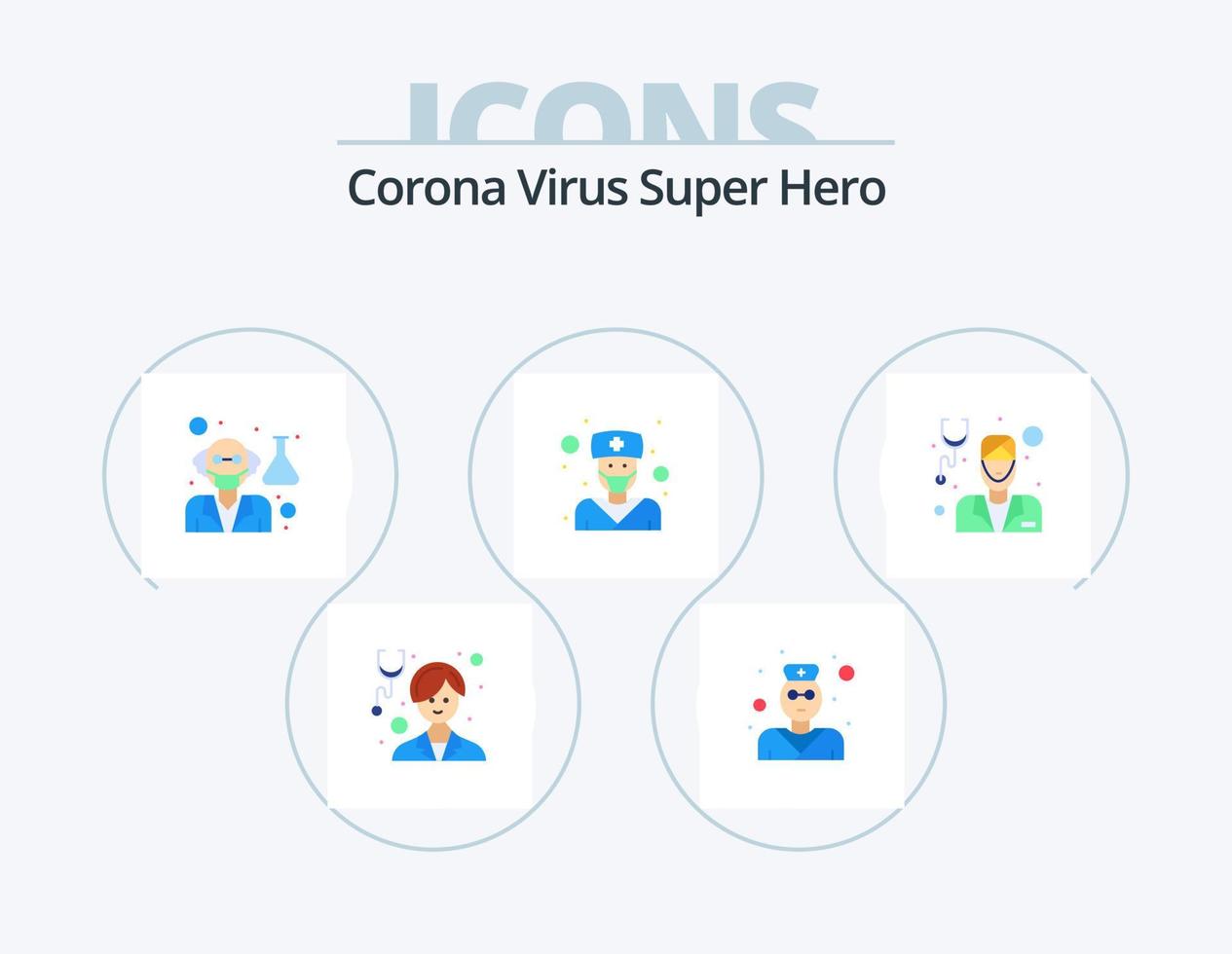 virus corona super héros plat icône pack 5 conception d'icônes. barbe. infirmière. stéthoscope. fille. scientifique vecteur