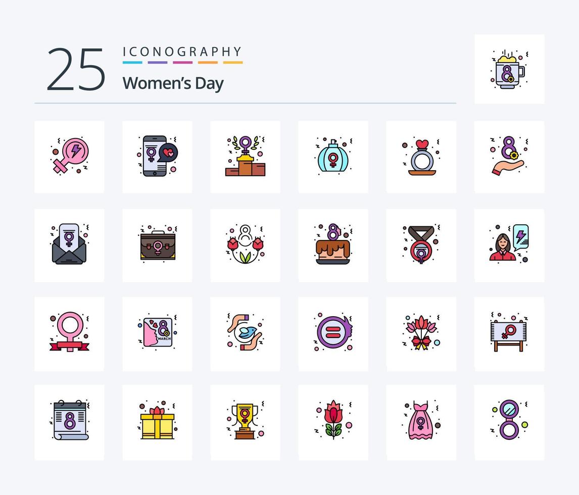 pack d'icônes remplies de 25 lignes pour la journée des femmes, y compris les femmes. l'amour. cadeau. podium vecteur