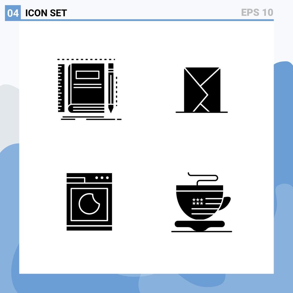 4 glyphes solides vectoriels thématiques et symboles modifiables du livre envoyé des éléments de conception vectoriels modifiables de la machine d'enveloppe de poche vecteur