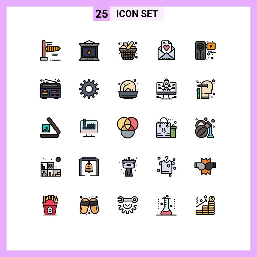 25 interface utilisateur ligne remplie pack de couleurs plates de signes et symboles modernes de caméra vidéo épicerie maman e-mail éléments de conception vectoriels modifiables vecteur