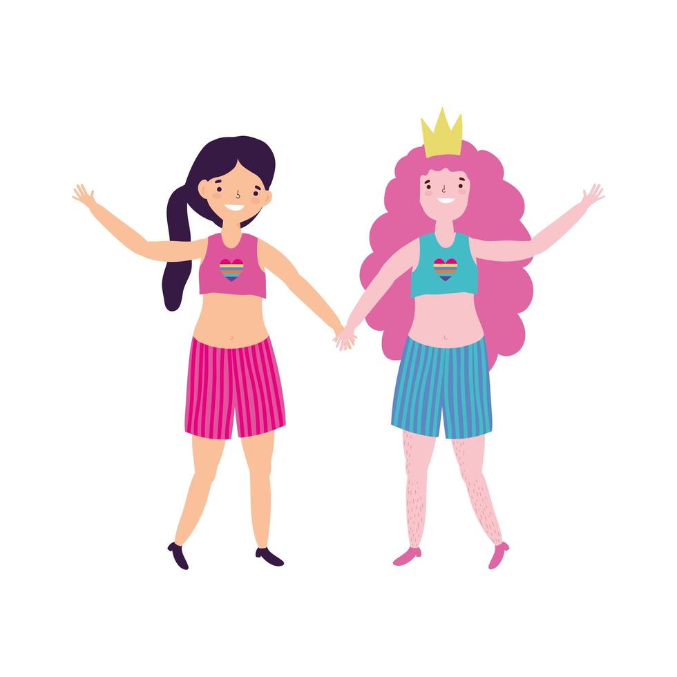 pride parade communauté lgbt, personnage de deux femmes avec célébration de la couronne vecteur