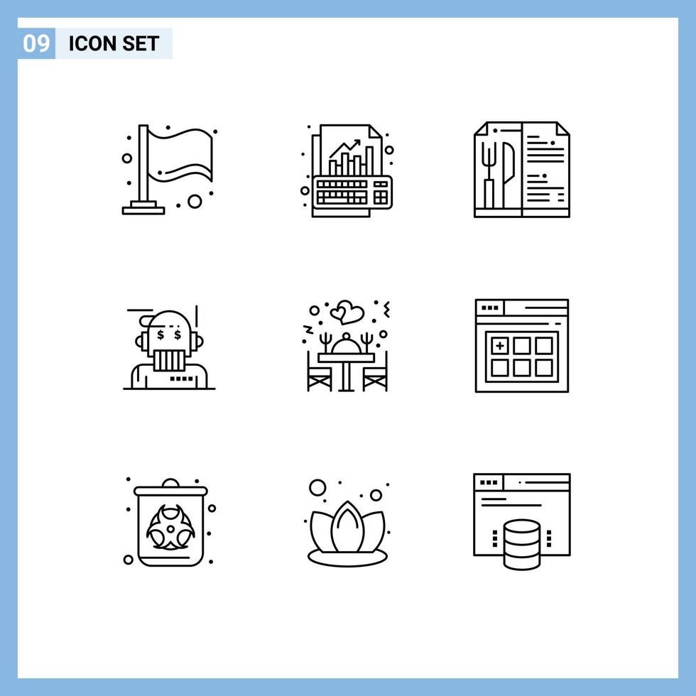 ensemble moderne de 9 contours pictogramme d'amour analyste alimentaire conseiller en algorithme éléments de conception vectoriels modifiables vecteur