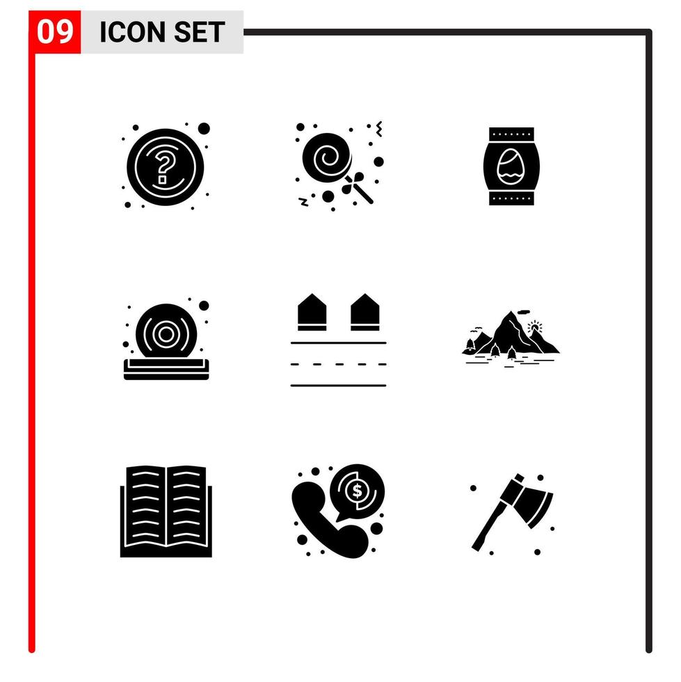 groupe de 9 signes et symboles de glyphes solides pour les éléments de conception vectorielle modifiables de dvd de lecteur de bouteille de logement vecteur