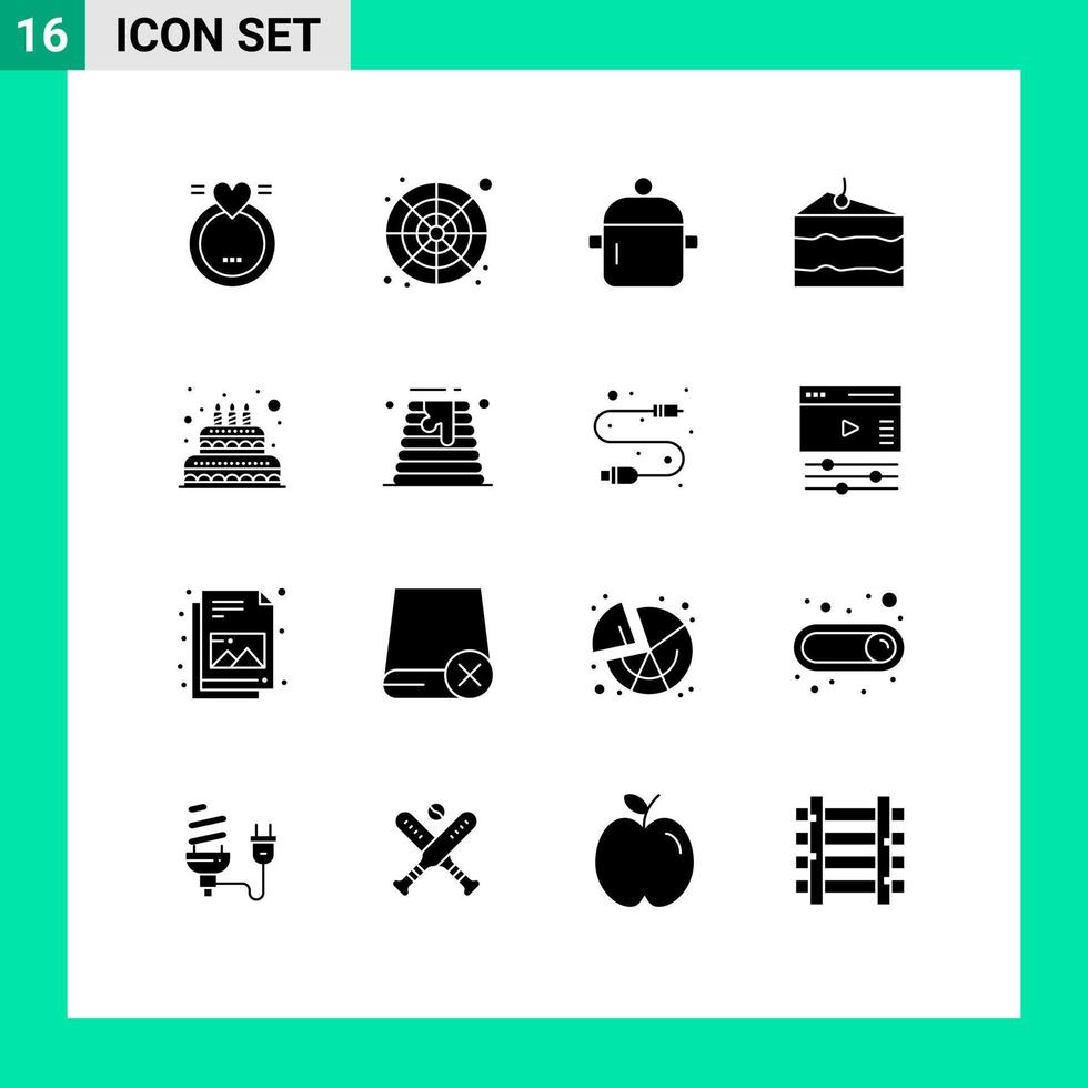 ensemble moderne de 16 pictogrammes de glyphes solides d'échantillons de boissons alimentaires fromage cuisine éléments de conception vectoriels modifiables vecteur