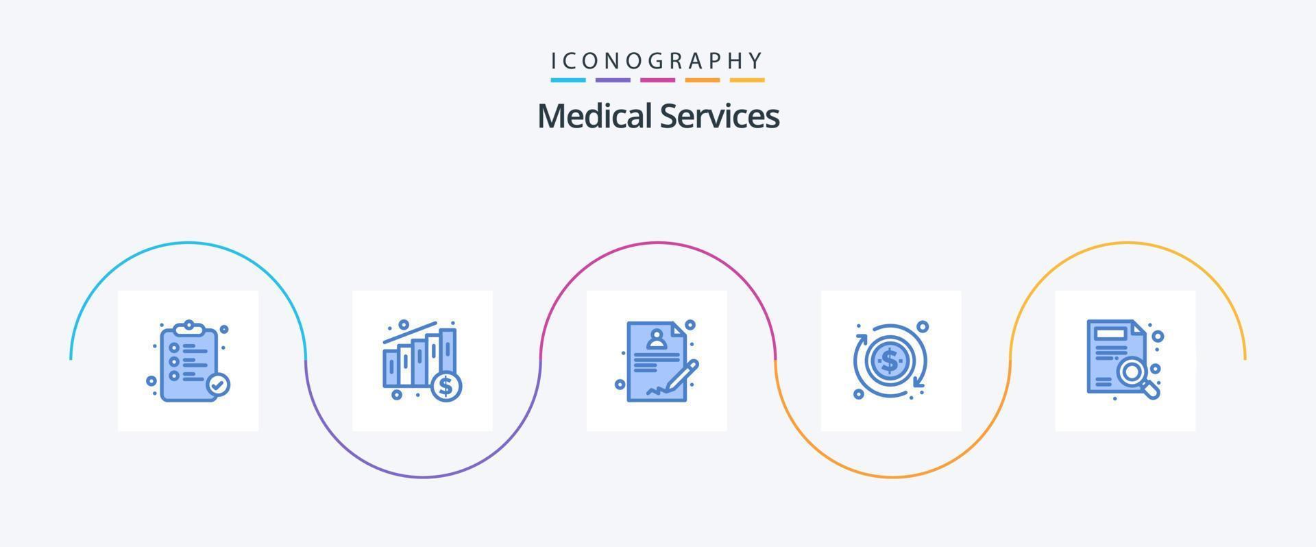 pack d'icônes bleues de services médicaux 5 comprenant. rapport. rapport. loupe. La Flèche vecteur