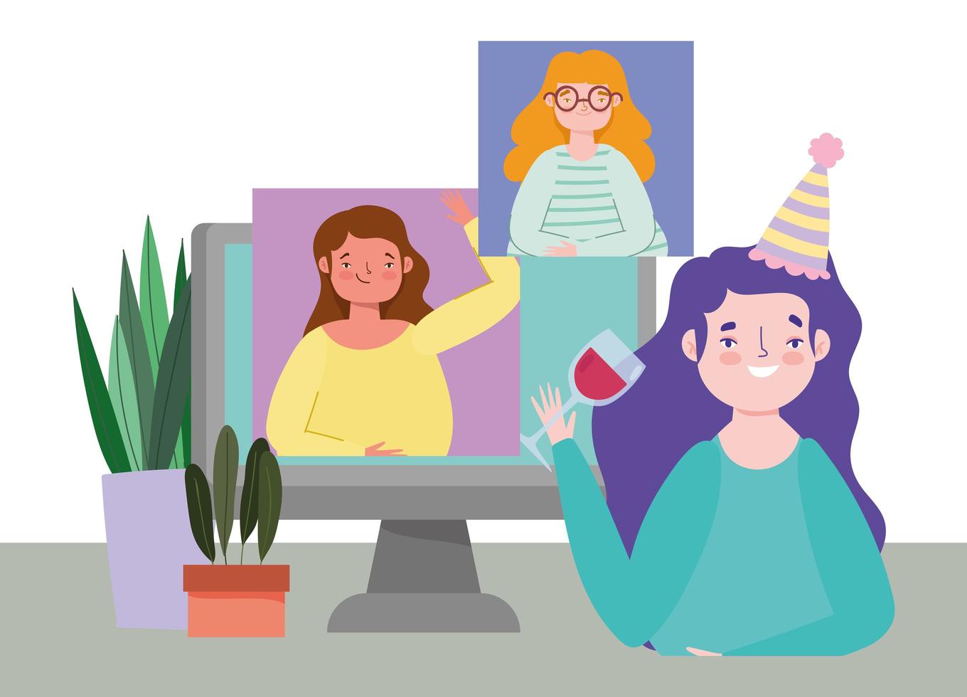 fête en ligne, anniversaire ou réunion d'amis, jeunes femmes célébrant avec un verre de vin et un ordinateur vecteur