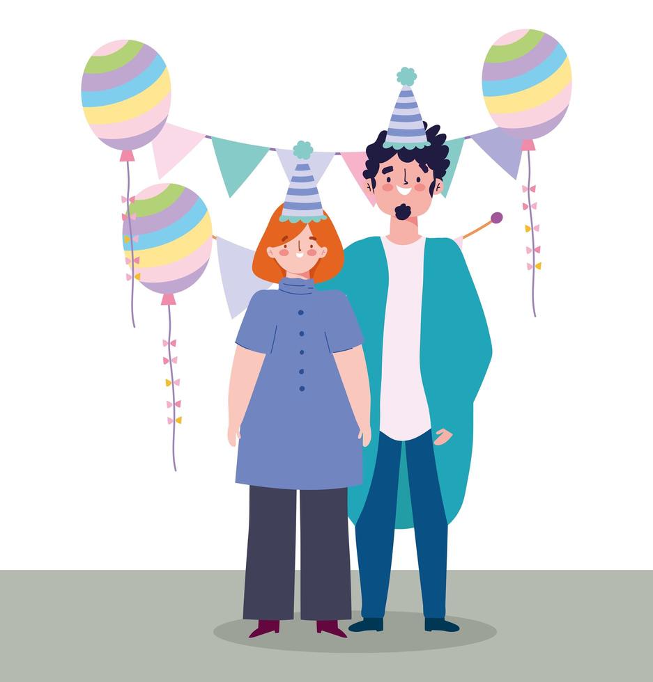 fête en ligne, anniversaire ou réunion d'amis, homme et femme avec des chapeaux ballon et fanions célébration vecteur