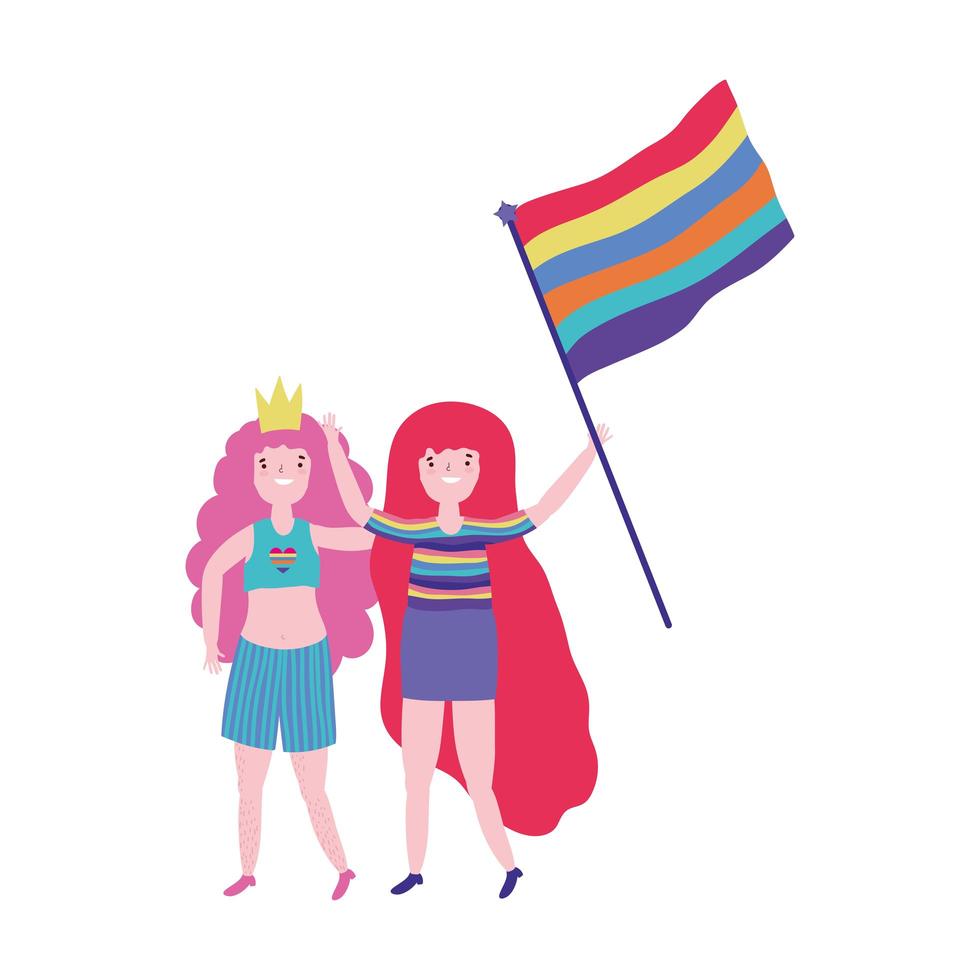 pride parade communauté lgbt, jeunes femmes avec des vêtements et drapeau avec arc en ciel vecteur