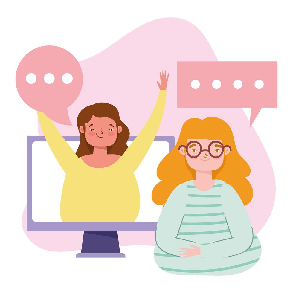 fête en ligne, anniversaire ou rencontre entre amis, jeunes femmes parlant par conversation virtuelle sur ordinateur vecteur