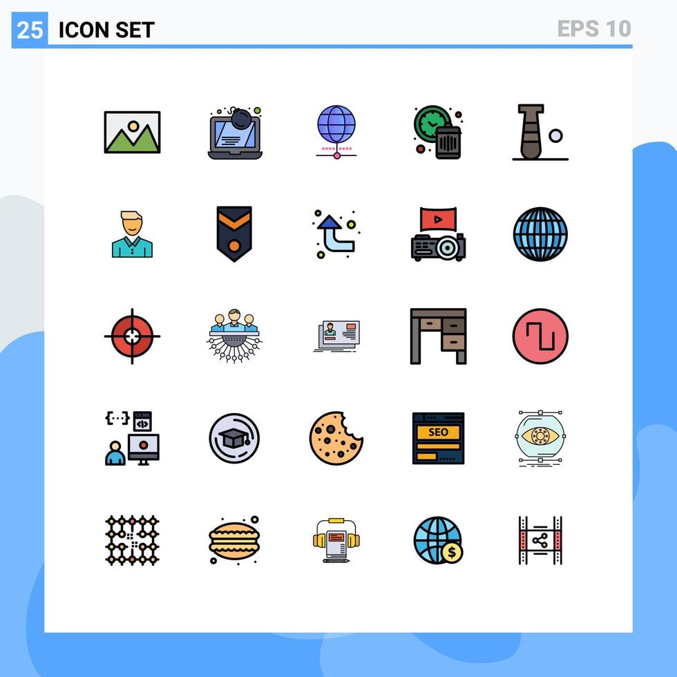 groupe de 25 couleurs plates de lignes remplies modernes définies pour la gestion des déchets crime horloge navigateur éléments de conception vectoriels modifiables vecteur