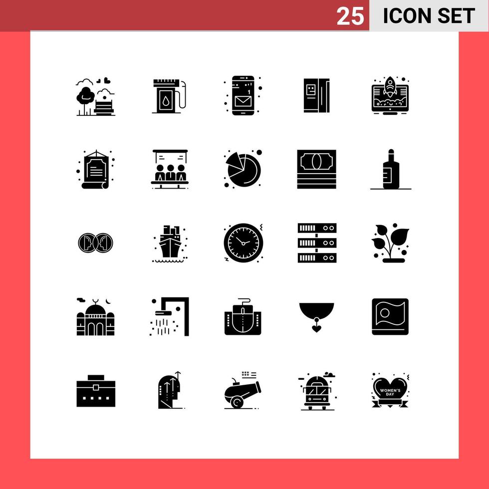 interface mobile glyphe solide ensemble de 25 pictogrammes de lancement congélateur goutte refroidissement réfrigérateur éléments de conception vectoriels modifiables vecteur