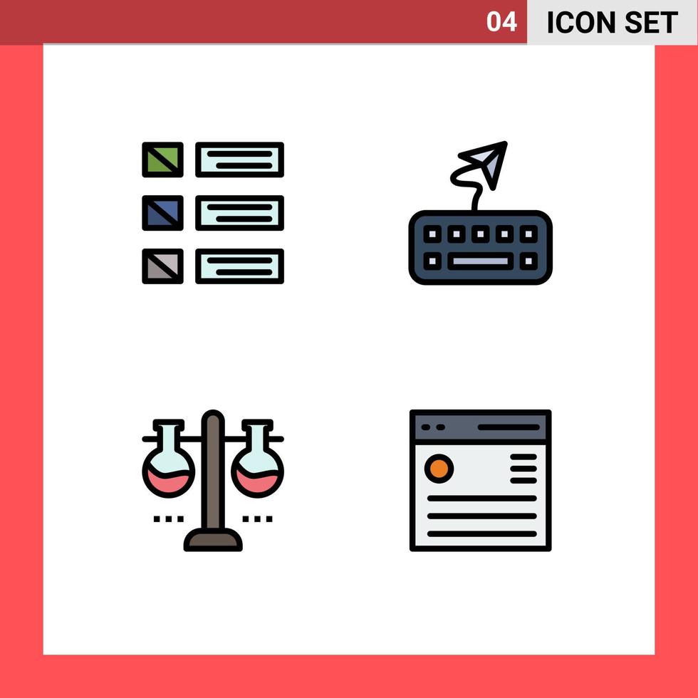 ensemble de 4 pack de couleurs plates remplies commerciales pour le laboratoire de conception répertoriant les éléments de conception vectoriels modifiables de la fiole d'essai du clavier vecteur