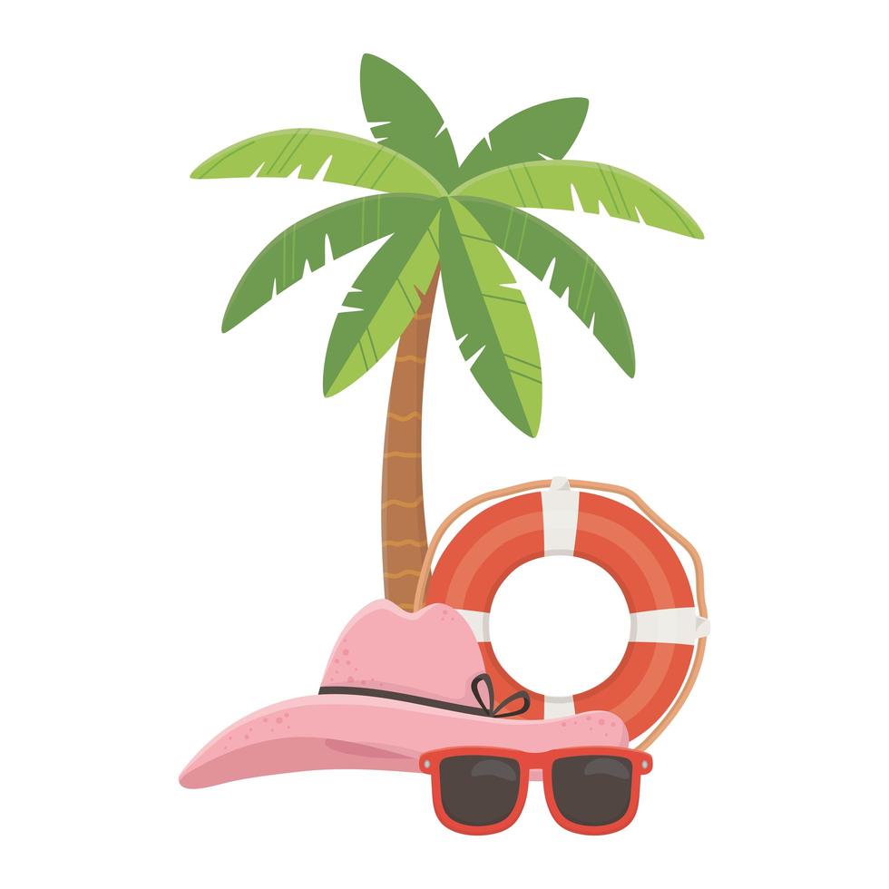 été, voyage et vacances bouée de sauvetage chapeau lunettes de soleil palm beach vecteur